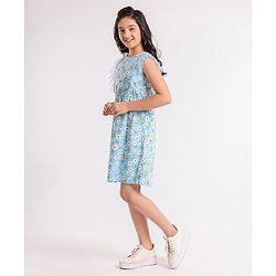 Pine Kids Ruffle Sleeves Frock Floral Print - Blue