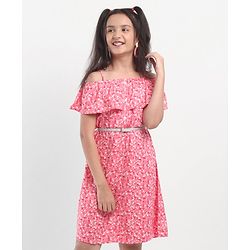 Pine Kids Off Shoulder Frock with Floral Print & Glitter Belt - Pink