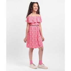 Pine Kids Off Shoulder Frock with Floral Print & Glitter Belt - Pink
