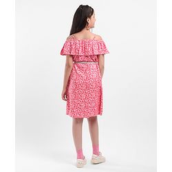 Pine Kids Off Shoulder Frock with Floral Print & Glitter Belt - Pink