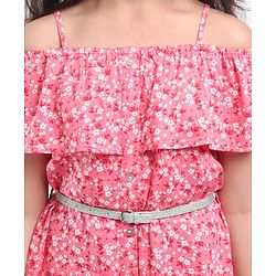 Pine Kids Off Shoulder Frock with Floral Print & Glitter Belt - Pink