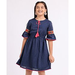 Pine Kids 3/4th Sleeves Softner Wash Embroidered Frock with Swiss Dots - Navy