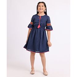 Pine Kids 3/4th Sleeves Softner Wash Embroidered Frock with Swiss Dots - Navy