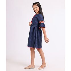 Pine Kids 3/4th Sleeves Softner Wash Embroidered Frock with Swiss Dots - Navy