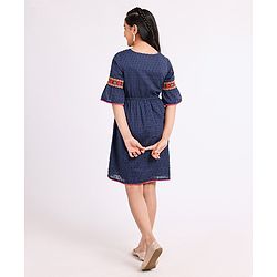 Pine Kids 3/4th Sleeves Softner Wash Embroidered Frock with Swiss Dots - Navy