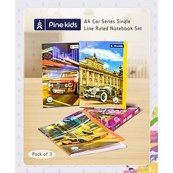 Pine Kids Premium A4 Car Series Single Line Ruled Exercise Notebook Set Pack of 3 - 140 Pages Each