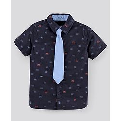Pine Kids Cotton Half Sleeves Shirt With Tie Printed - Navy Blue
