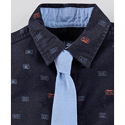 Pine Kids Cotton Half Sleeves Shirt With Tie Printed - Navy Blue