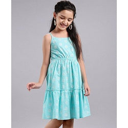 Pine Kids Singlet Sleeves Ethnic Dress with Mask Printed - Turquoise