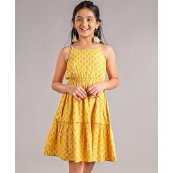 Pine Kids Singlet Sleeves Ethnic Dress with Floral Print and Mask - Yellow