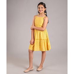 Pine Kids Singlet Sleeves Ethnic Dress with Floral Print and Mask - Yellow