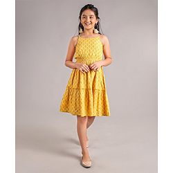 Pine Kids Singlet Sleeves Ethnic Dress with Floral Print and Mask - Yellow