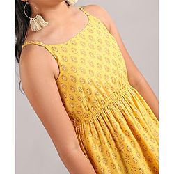 Pine Kids Singlet Sleeves Ethnic Dress with Floral Print and Mask - Yellow