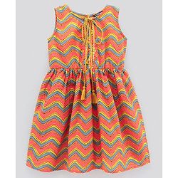 Pine Kids Sleeveless Printed Kurti Churidar Set With Dupatta - Yellow & Red