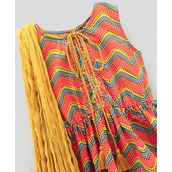 Pine Kids Sleeveless Printed Kurti Churidar Set With Dupatta - Yellow & Red