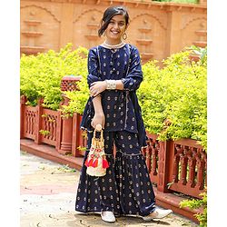 Pine Kids Three Fourth Sleeves Kurti & Sharara Set With Dupatta Ethnic Print - Navy Blue