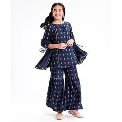 Pine Kids Three Fourth Sleeves Kurti & Sharara Set With Dupatta Ethnic Print - Navy Blue