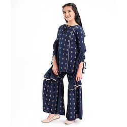 Pine Kids Three Fourth Sleeves Kurti & Sharara Set With Dupatta Ethnic Print - Navy Blue