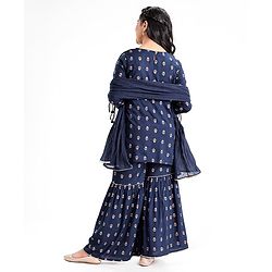 Pine Kids Three Fourth Sleeves Kurti & Sharara Set With Dupatta Ethnic Print - Navy Blue