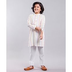 Pine Kids Full Sleeves Striped Kurta & Pyjama Set- White