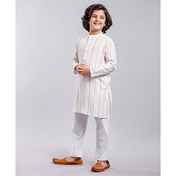 Pine Kids Full Sleeves Striped Kurta & Pyjama Set- White