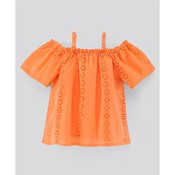 Pine Kids Cotton Woven Half Sleeves Top Schiffili Pattern - Orange