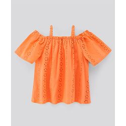 Pine Kids Cotton Woven Half Sleeves Top Schiffili Pattern - Orange