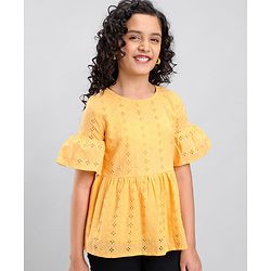 Pine Kids Three Fourth Sleeves Schiffli Embroidered Top - Orange