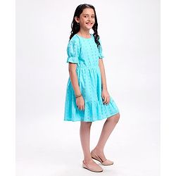 Pine Kids Half Sleeve Schiffli Frock Inner Cotton Lining - Blue