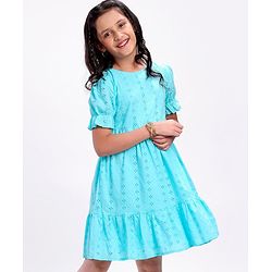 Pine Kids Half Sleeve Schiffli Frock Inner Cotton Lining - Blue