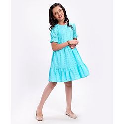 Pine Kids Half Sleeve Schiffli Frock Inner Cotton Lining - Blue