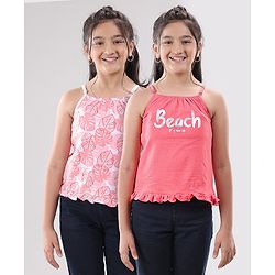 Pine Kids Singlet Sleeves Bio Washed Top Palm Leaves & Text Print Pack of 2 - Coral White
