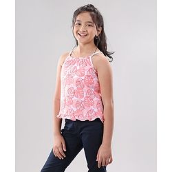 Pine Kids Singlet Sleeves Bio Washed Top Palm Leaves & Text Print Pack of 2 - Coral White