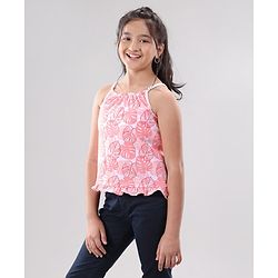 Pine Kids Singlet Sleeves Bio Washed Top Palm Leaves & Text Print Pack of 2 - Coral White