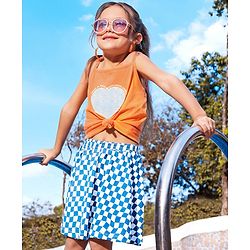 Pine Kids Singlet Sleeves Biowashed Tops Heart & Floral Print Pack Of 2 - Orange White