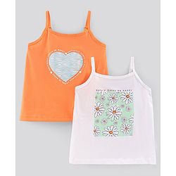 Pine Kids Singlet Sleeves Biowashed Tops Heart & Floral Print Pack Of 2 - Orange White
