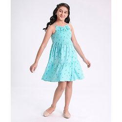 Pine Kids Rayon Woven Sleeveless Frock Dress Flamingo Print - Turquoise Blue