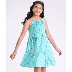 Pine Kids Rayon Woven Sleeveless Frock Dress Flamingo Print - Turquoise Blue
