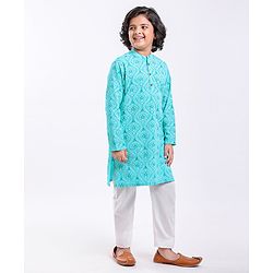 Pine Kids Full Sleeves Printed Kurta & Pyjama Set - Turquoise