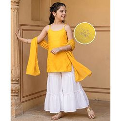 Pine Kids Singlet Sleeves Printed Kurta with Sharara and Bordered Dupatta - Yellow