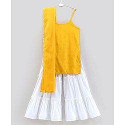Pine Kids Singlet Sleeves Printed Kurta with Sharara and Bordered Dupatta - Yellow