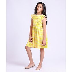 Pine Kids Cap Sleeves Frock Zig Zag Print - Yellow