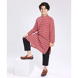 Pine Kids Full Sleeves Chevron Printed Kurta Pyjama Set - Red