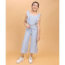 Pine Kids Frilled Sleeves Striped Top And Pant Set - Blue White