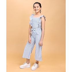 Pine Kids Frilled Sleeves Striped Top And Pant Set - Blue White