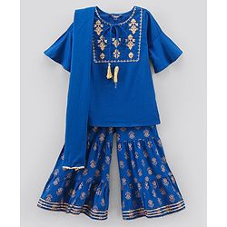 Pine Kids Kurti & Sharara Set with Dupatta Printed- Blue