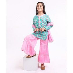 Pine Kids Full Sleeves Cotton Kurti & Palazzo With Dupatta Sequin Detailing With Ethnic Prints - Green Pink
