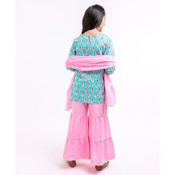 Pine Kids Full Sleeves Cotton Kurti & Palazzo With Dupatta Sequin Detailing With Ethnic Prints - Green Pink