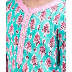 Pine Kids Full Sleeves Cotton Kurti & Palazzo With Dupatta Sequin Detailing With Ethnic Prints - Green Pink