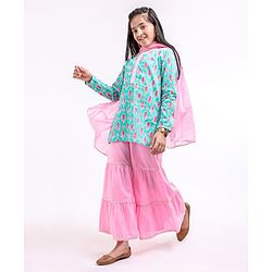 Pine Kids Full Sleeves Cotton Kurti & Palazzo With Dupatta Sequin Detailing With Ethnic Prints - Green Pink